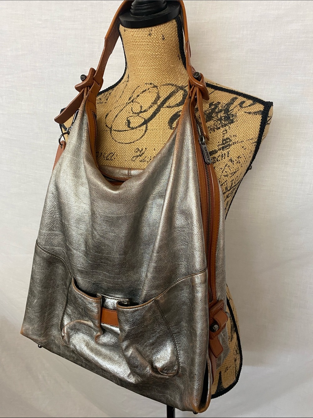 Botkier Metallic Silver Hobo Shoulder Bag with Brown Trim - Picture 1 of 10